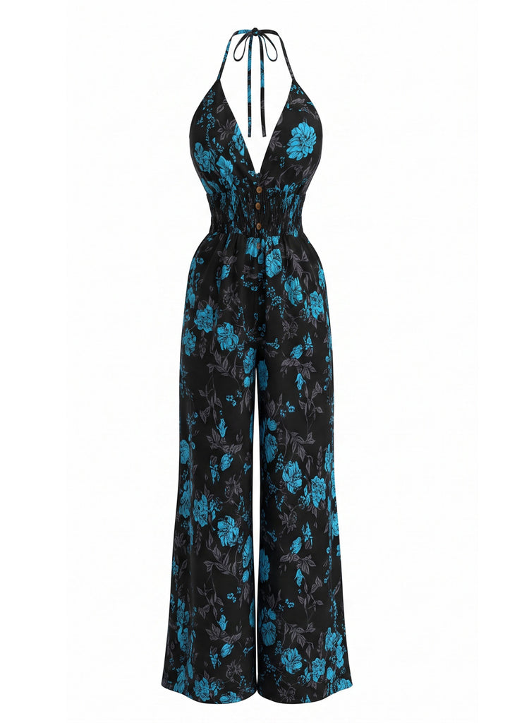 Black 1970s Floral V Neck Jumpsuit 2