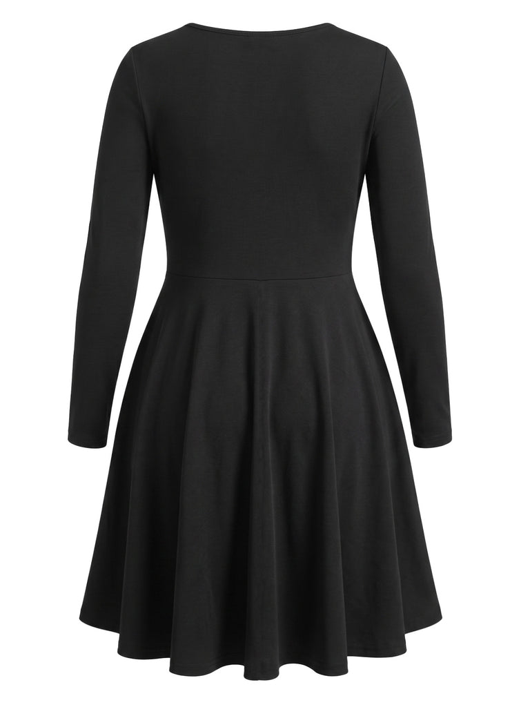 [Plus Size] Black 1950s Sweetheart Bow Tie Long Sleeve Swing Dress