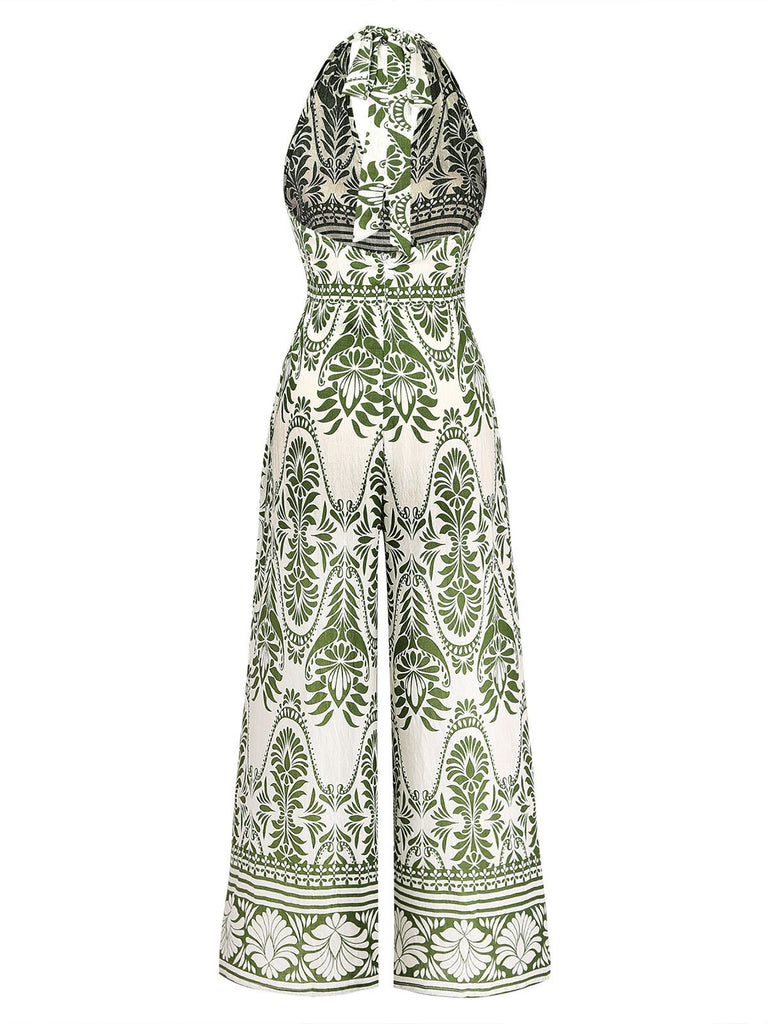 Green 1940s Halter Plants Backless Jumpsuit