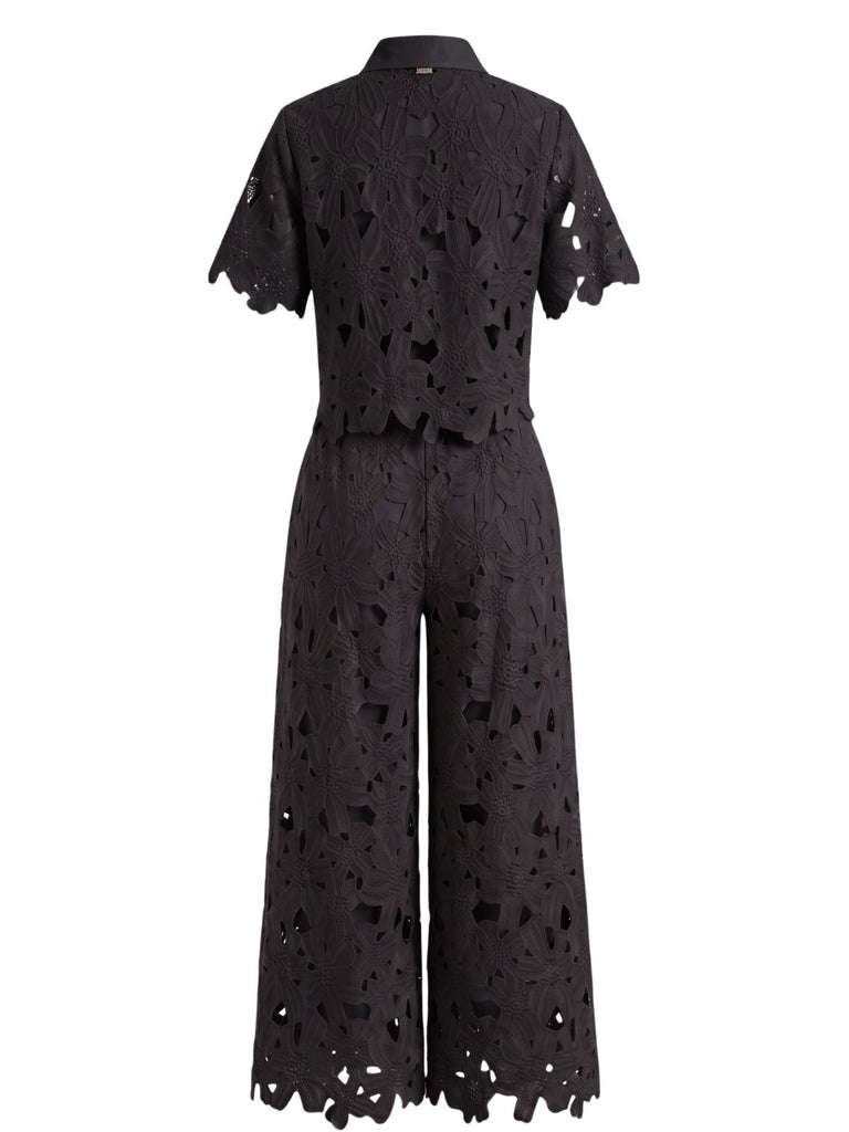 2PCS 1940s Lace Hollow Out Shirt & Wide-Leg Pants