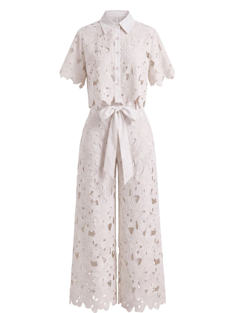2PCS 1940s Lace Hollow Out Shirt & Wide-Leg Pants