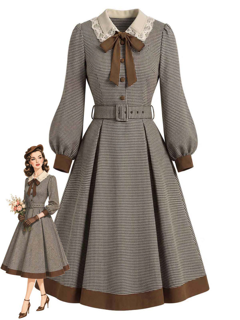 [Pre-Sale] Light Brown 1950s Houndstooth Bow Tie Collar Belted Dress