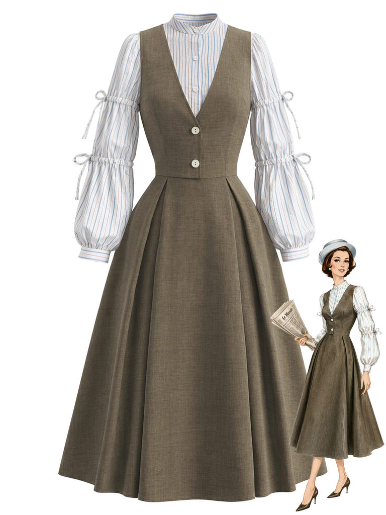 [Pre-Sale] 2PCS 1940s Striped Tied Lantern Sleeve Blouse & Solid Dress