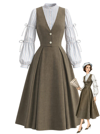 [Pre-Sale] 2PCS 1940s Striped Tied Lantern Sleeve Blouse & Solid Dress