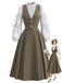 [Pre-Sale] 2PCS 1940s Striped Tied Lantern Sleeve Blouse & Solid Dress