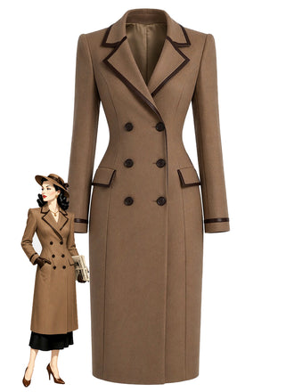 [Pre-Sale] Brown 1950s Double Breasted Leather Trim Coat