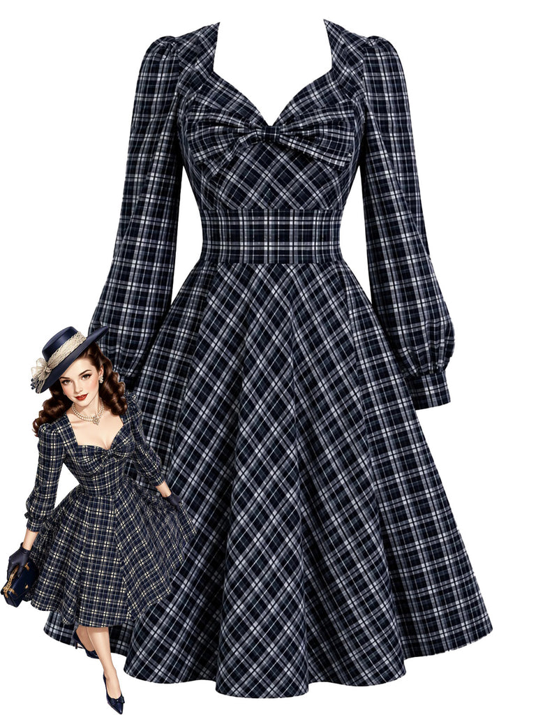 [Pre-Sale] Dark Blue 1950s Plaid Bow Long Sleeve A Line Dress