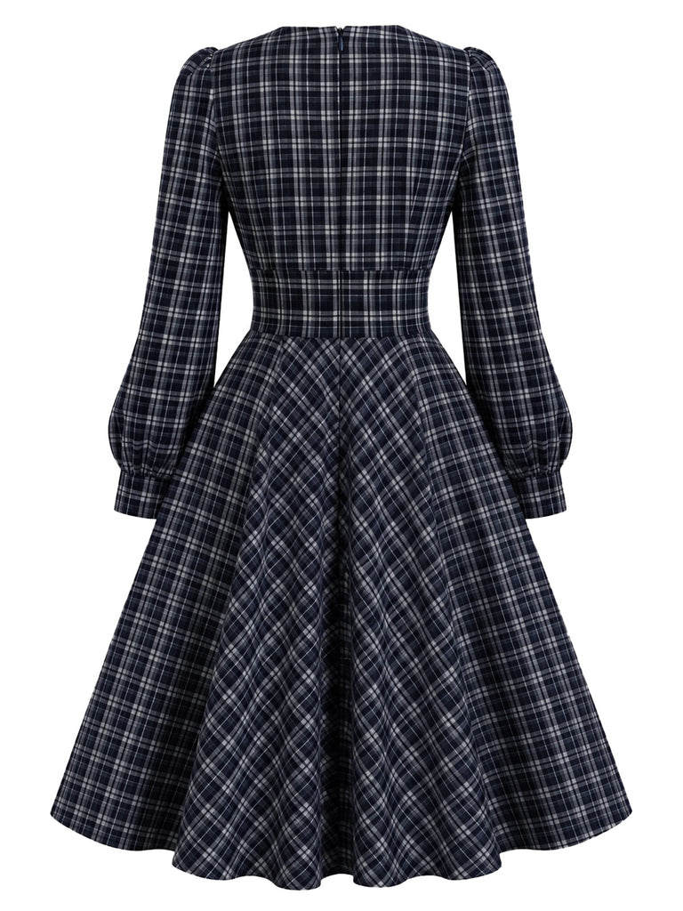 [Pre-Sale] Dark Blue 1950s Plaid Bow Long Sleeve A Line Dress