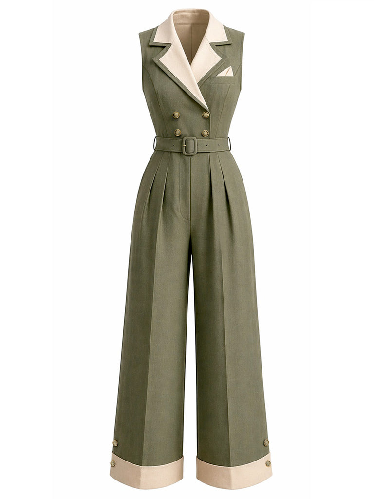 [Pre-Sale] 1930s Sleeveless Lapel Wide Leg Button Jumpsuit