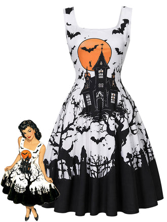 [Pre-Sale] Black & White 1950s Square Neck Halloween Print Dress