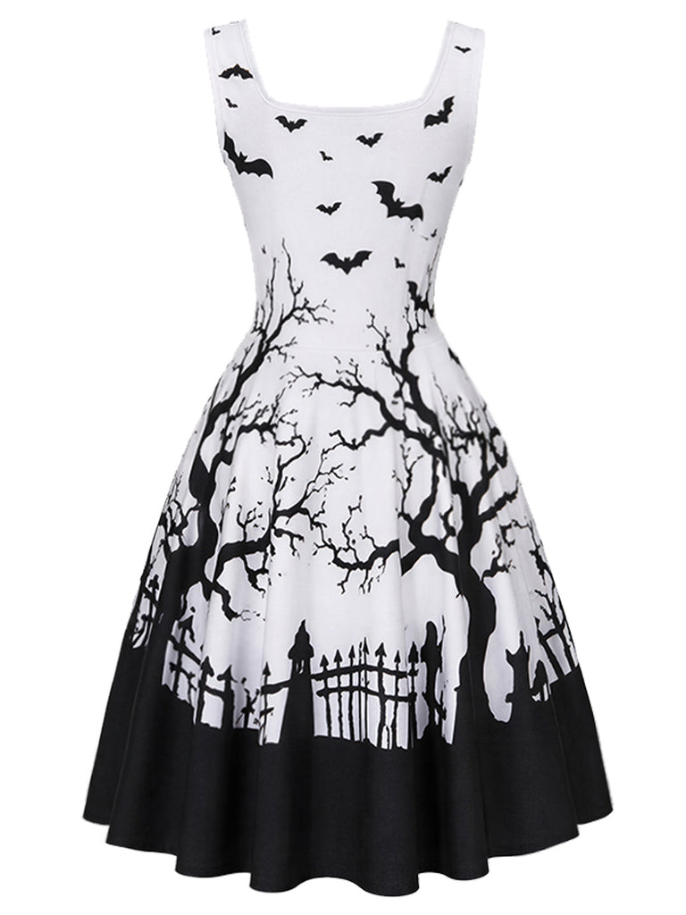 [Pre-Sale] Black & White 1950s Square Neck Halloween Print Dress
