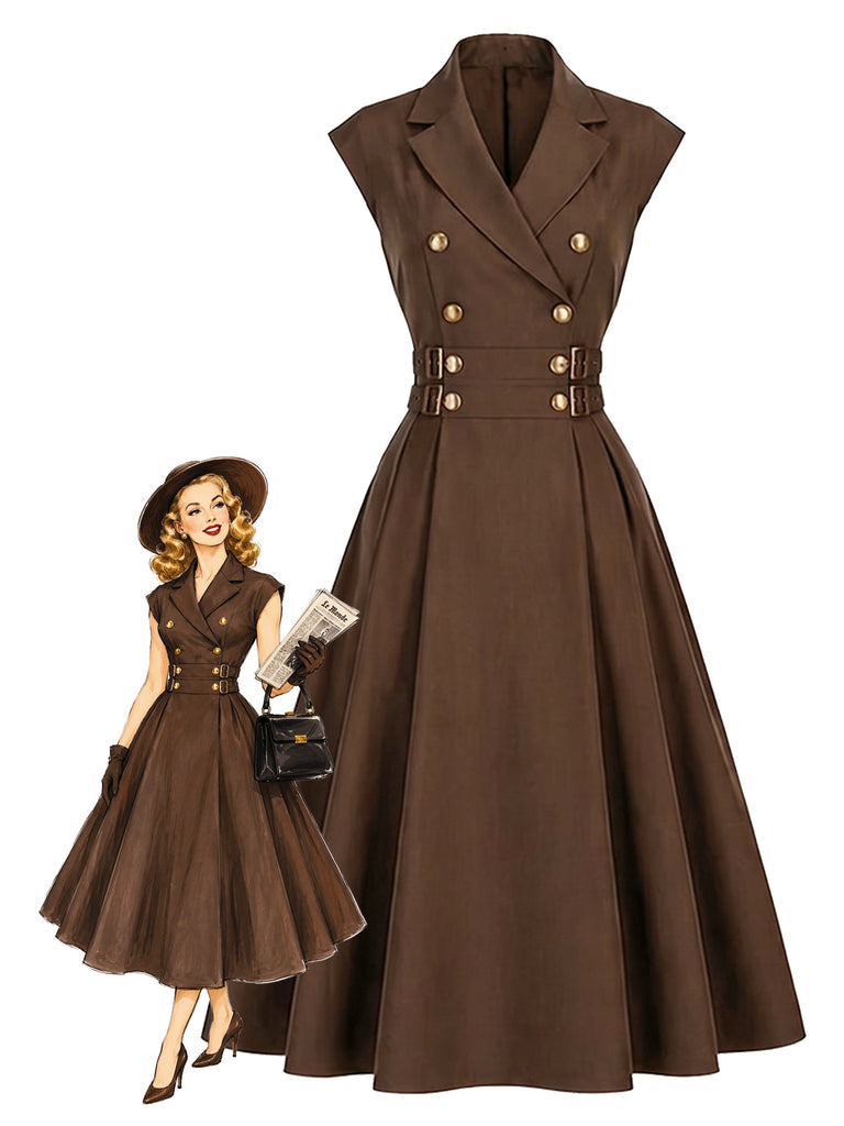 Brown 1940s Lapel Double-Breasted Belted Dress