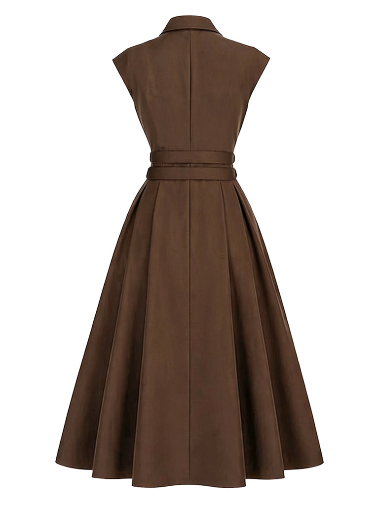Brown 1940s Lapel Double-Breasted Belted Dress