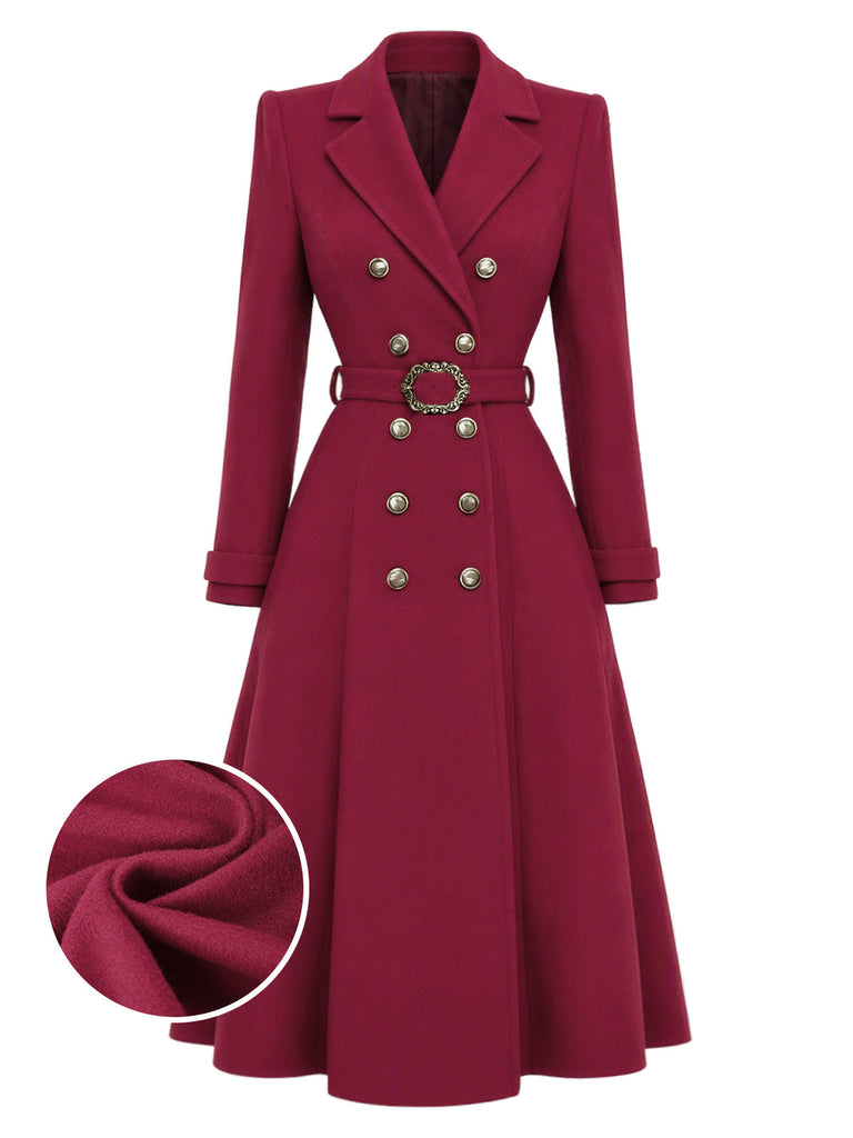 Wine Red 1930s Double-Breasted Belted Coat