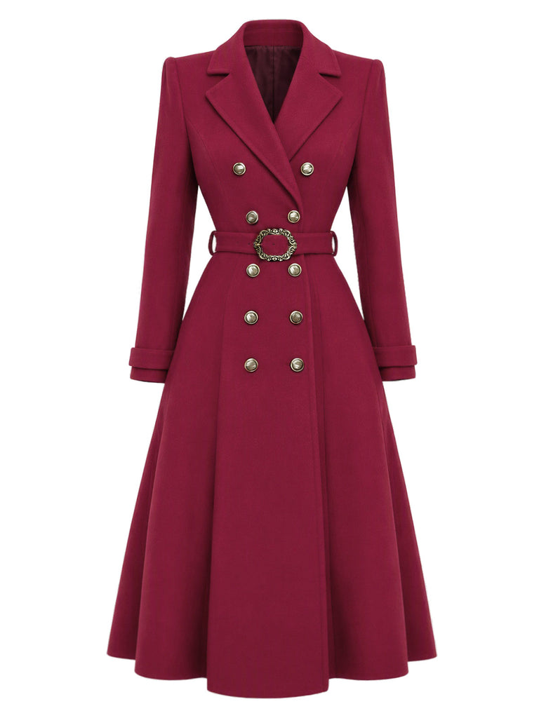 Wine Red 1930s Double-Breasted Belted Coat