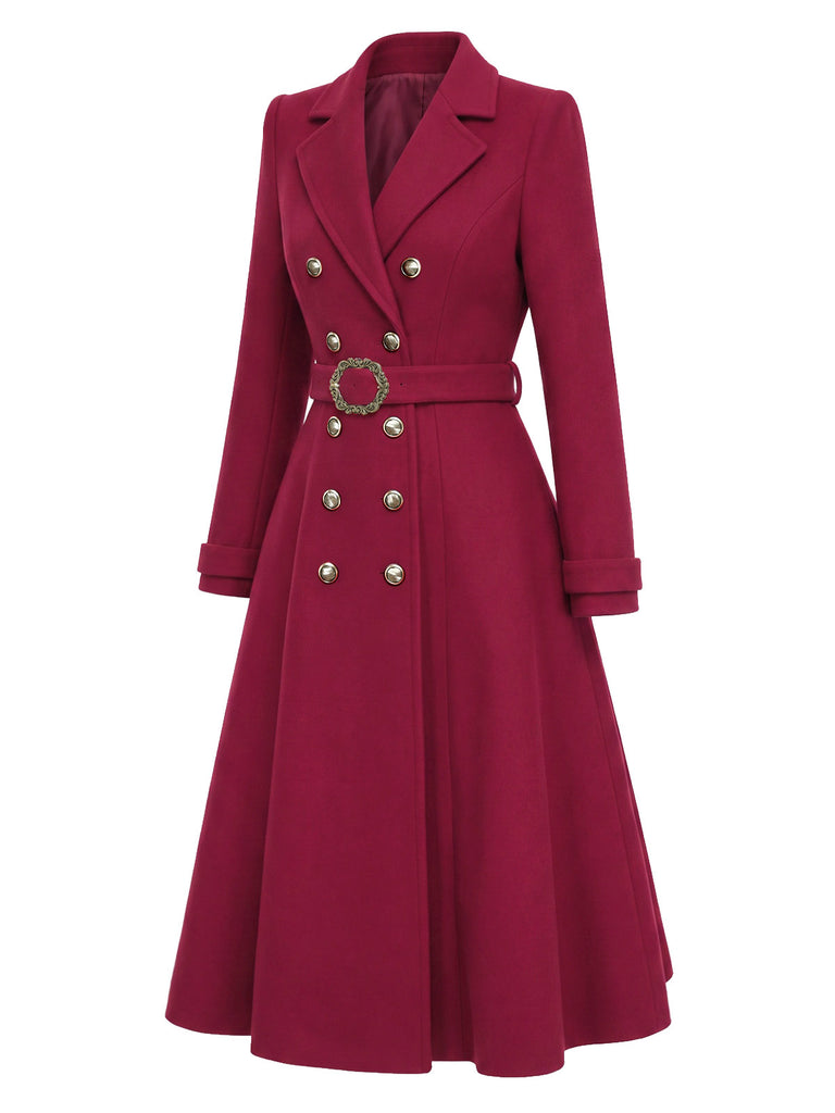 Wine Red 1930s Double-Breasted Belted Coat