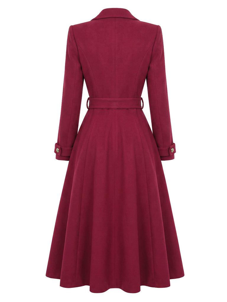 Wine Red 1930s Double-Breasted Belted Coat