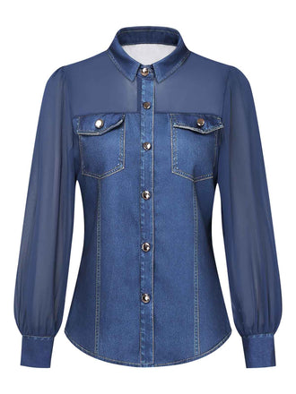 Printed Faux Denim Chiffon V Neck Blouse 1