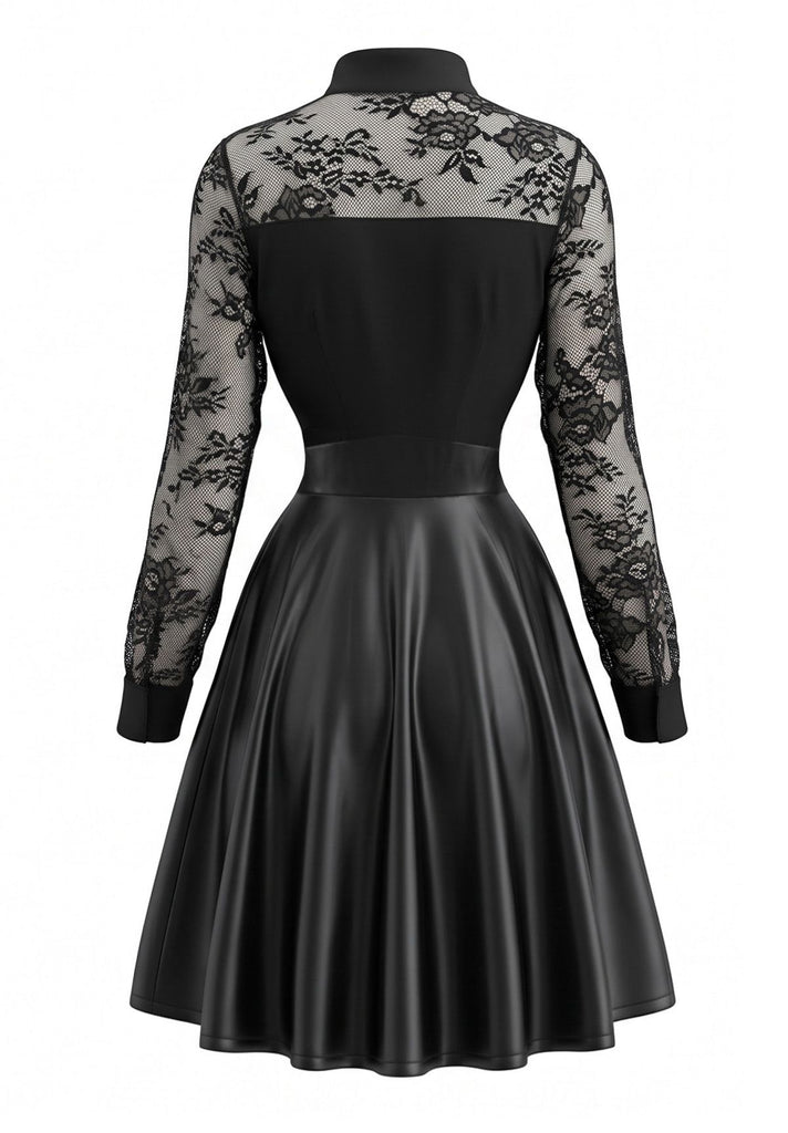 Black 1980s Leather Lace Long Sleeve Dress