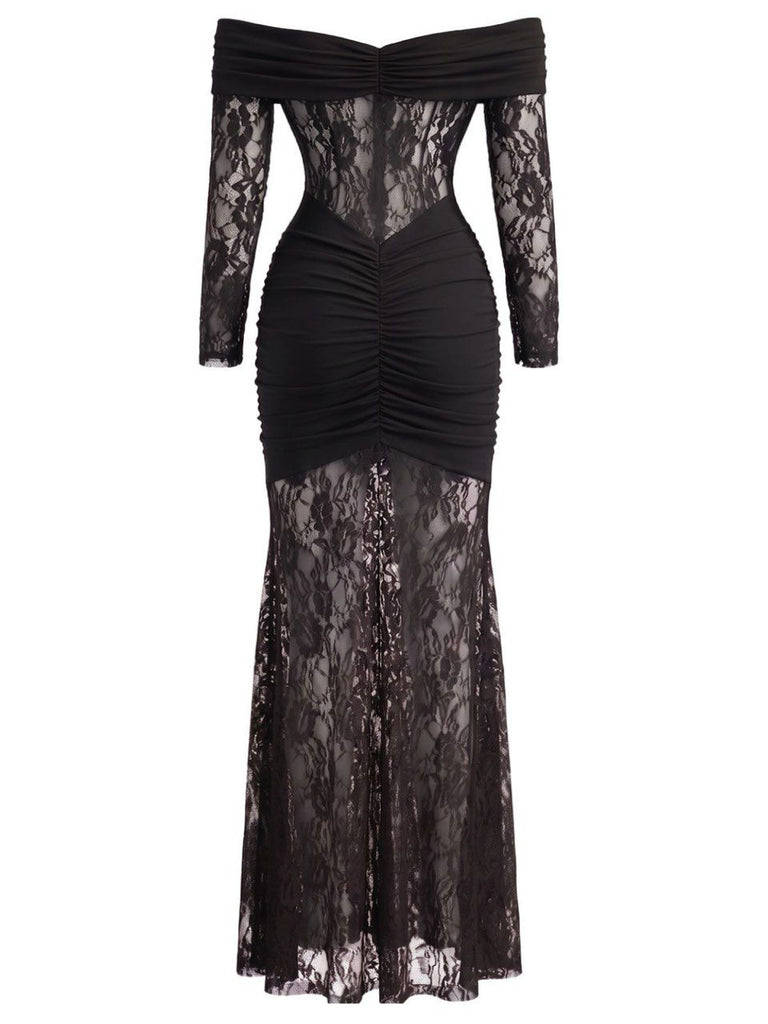 1930s Lace Off Shoulder Ruched Maxi Dress