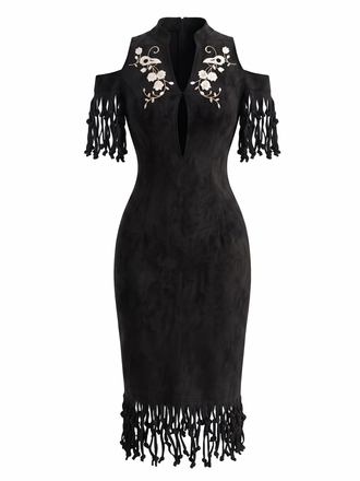 Black 1970s Cold Shoulder Floral Embroidered Fringe Pencil Dress