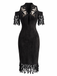 Black 1970s Cold Shoulder Floral Embroidered Fringe Pencil Dress