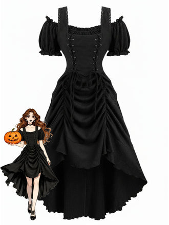1980s Victorian Corset Lace Up Gothic Maxi Dress