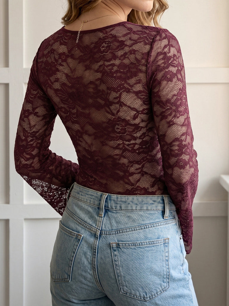 Wine Red 1970s Lace V Neck Bow Blouse 2