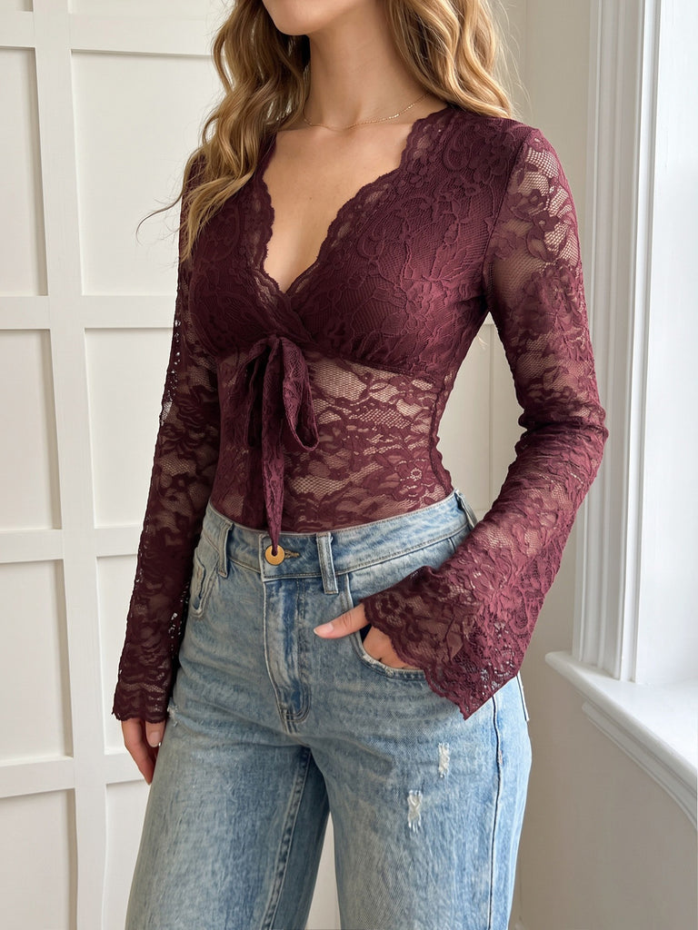 Wine Red 1970s Lace V Neck Bow Blouse 3