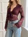 Wine Red 1970s Lace V Neck Bow Blouse 3