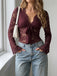 Wine Red 1970s Lace V Neck Bow Blouse 4