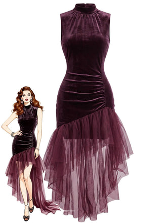 Plum 1930s Velvet Ruched Asymmetric Tulle Maxi Dress