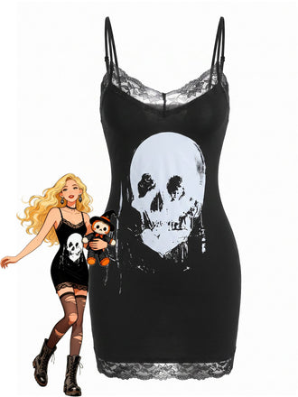 Black 1960s Halloween Gothic Skull Print Lace Cami Dress
