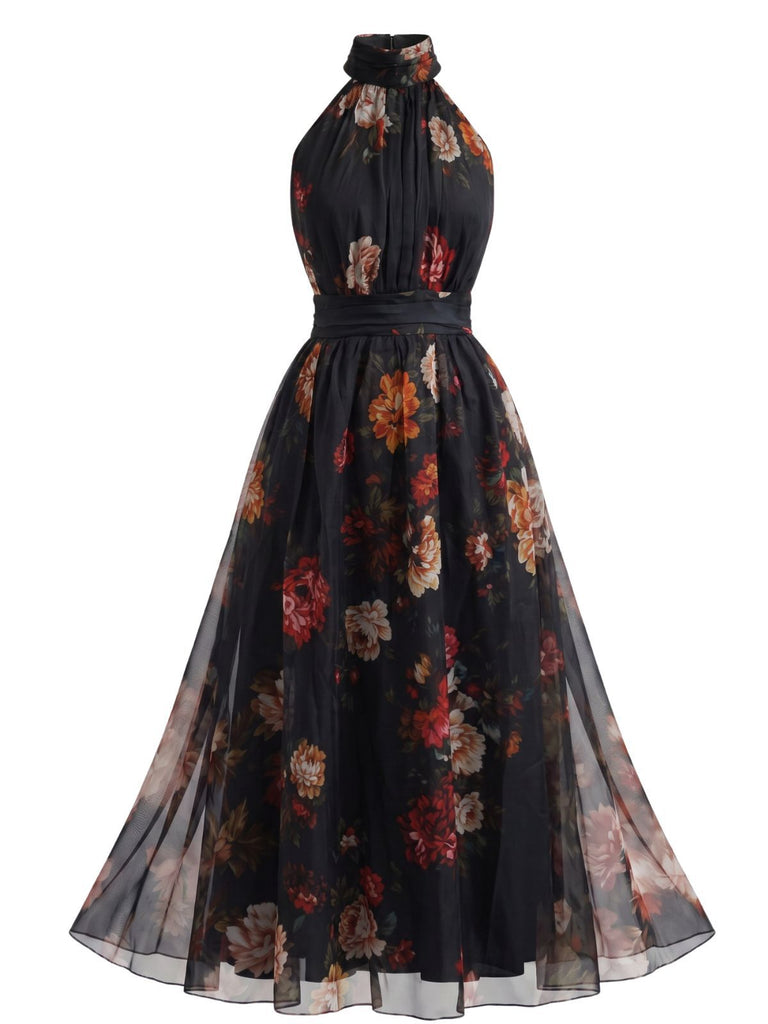 1940s Floral Halter Tulle Backless Maxi Dress