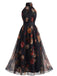 1940s Floral Halter Tulle Backless Maxi Dress