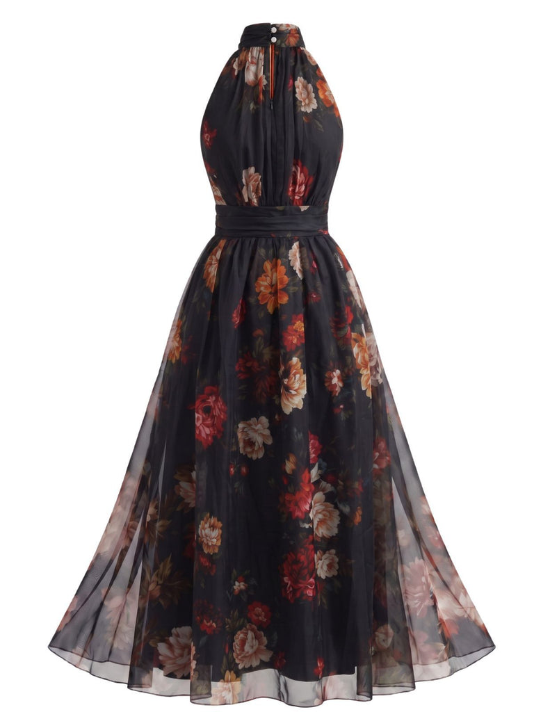 1940s Floral Halter Tulle Backless Maxi Dress