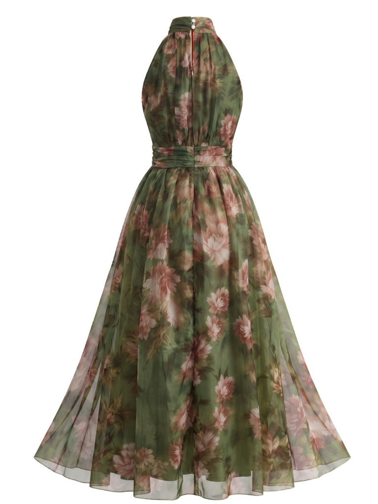1940s Floral Halter Tulle Backless Maxi Dress