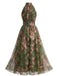 1940s Floral Halter Tulle Backless Maxi Dress