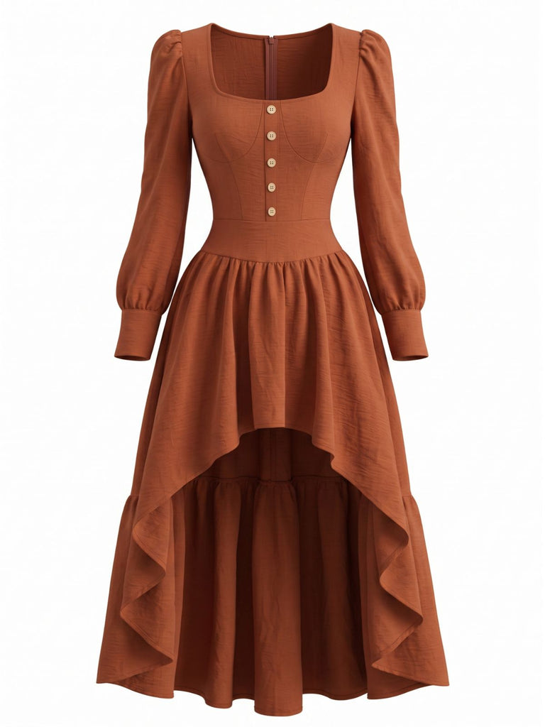 Brown 1970s Square Neck High-Low Hem Dress