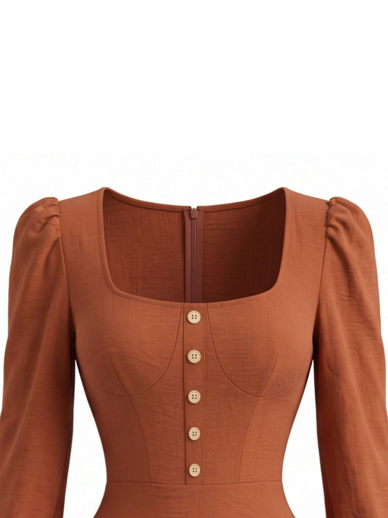 Brown 1970s Square Neck High-Low Hem Dress