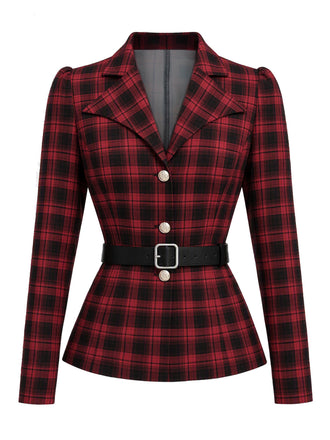 [Pre-Sale] Black & Red 1950s Plaid Lapel Collar Belt Blouse