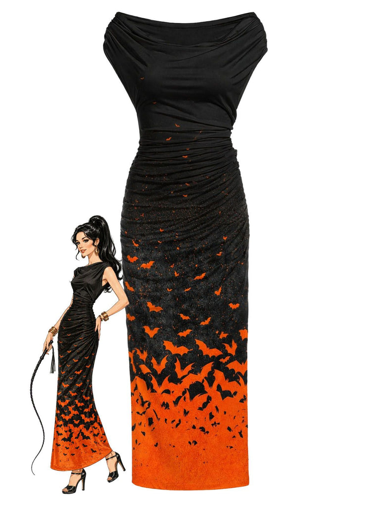 [Pre-Sale] Black 1960s Orange Bat Print Gradient Fitted Dress