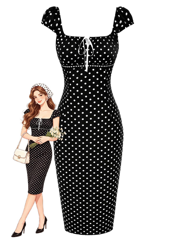 [Pre-Sale] Black 1960s Square Neck Polka Dot Pencil Dress