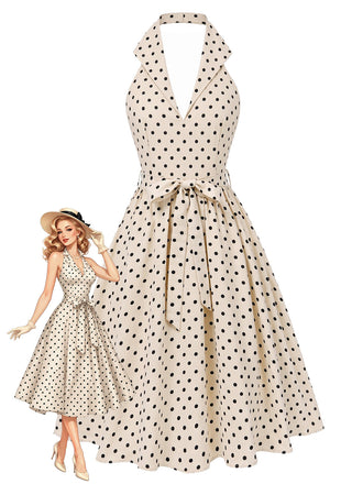 [Pre-Sale] 1950s Polka Dot Halter Backless Belted Swing Dress