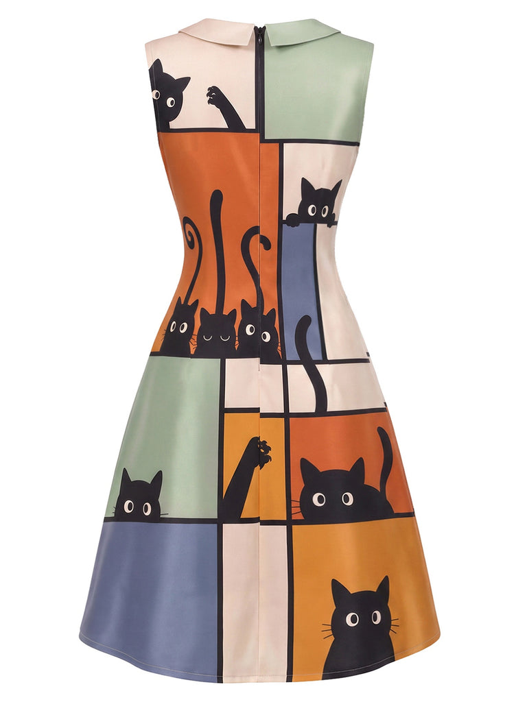 [Pre-Sale] 1960s Abstract Art Cat Print Peter Pan Collar A-Line Dress