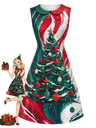 [Pre-Sale] 1960s Christmas Tree Print Peter Pan Collar A-Line Dress