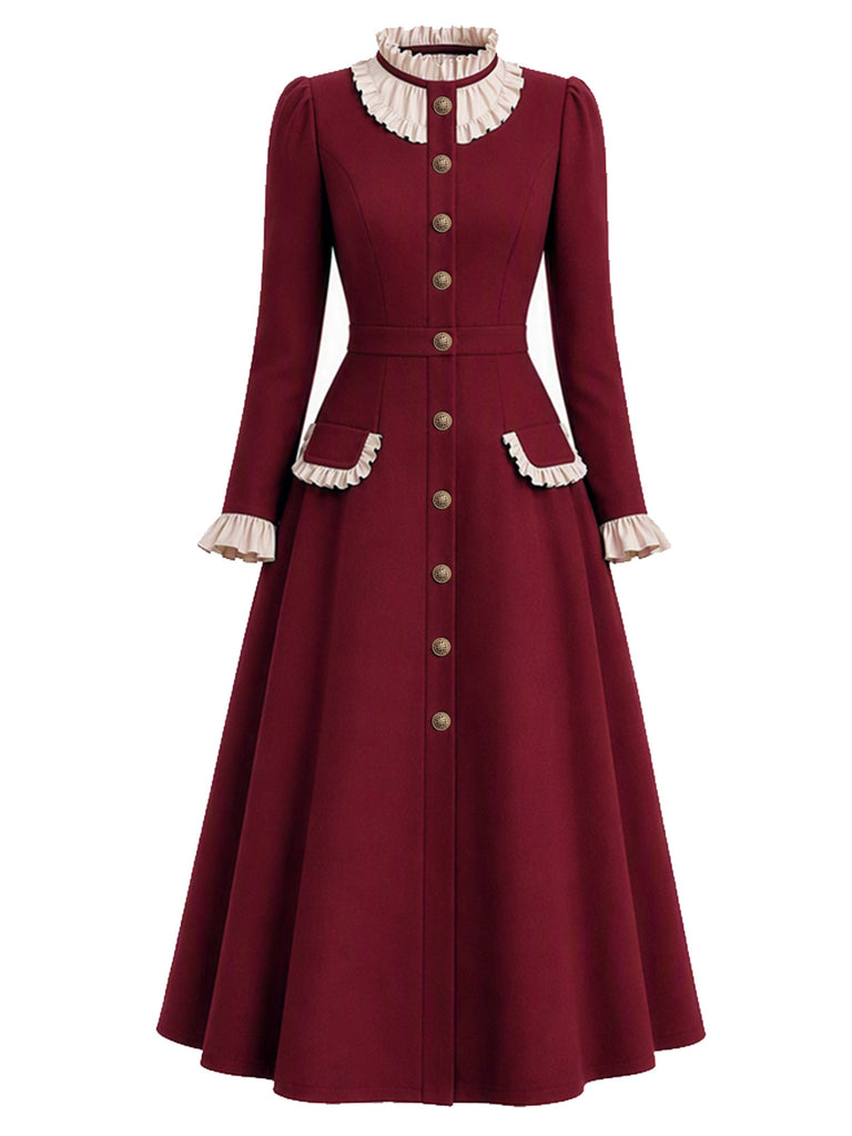 [Pre-Sale] Burgundy 1950s Ruffle Collar Button Coat Dress