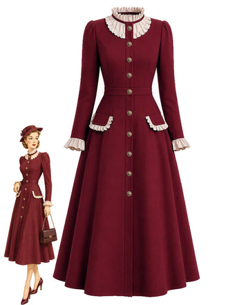 [Pre-Sale] Burgundy 1950s Ruffle Collar Button Coat Dress