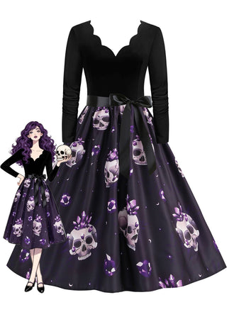 Purple 1950s Crystal Skull Print Petal Collar Swing Dress