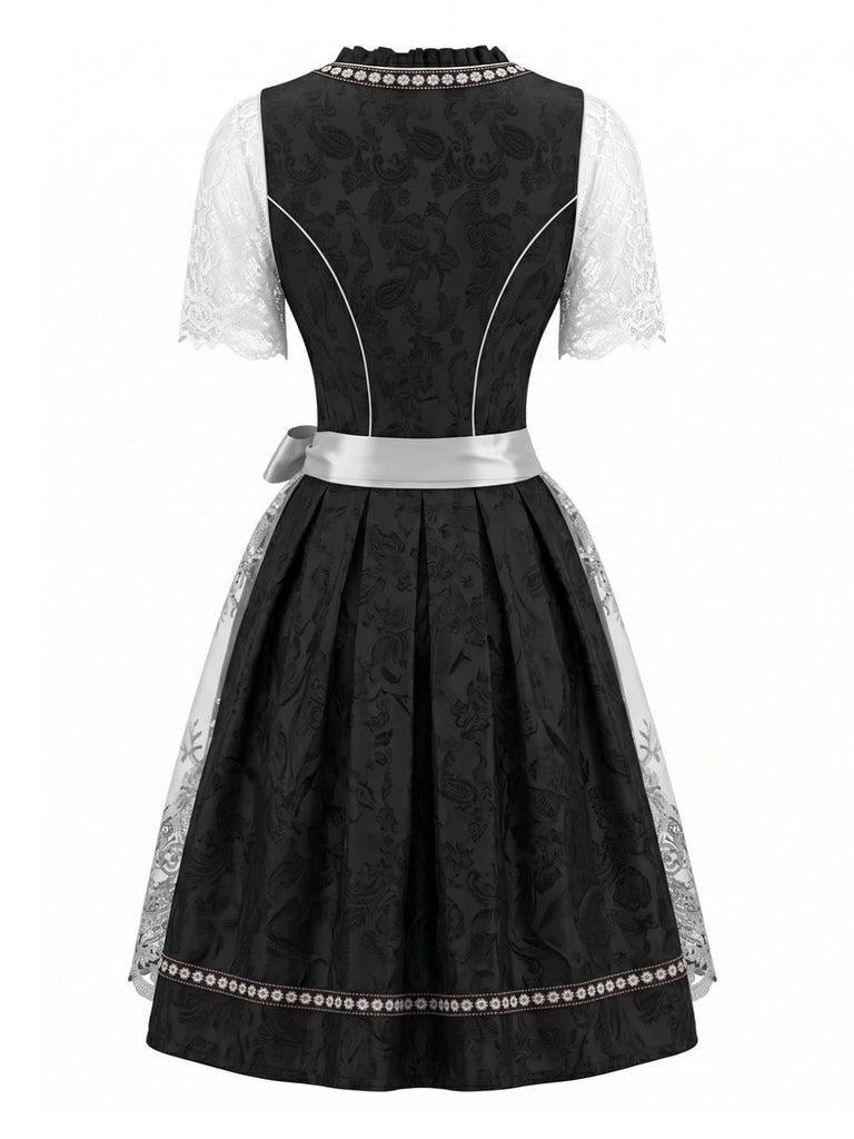 3PCS Black 1950s Square Neck Dress & Lace Floral Apron & Top